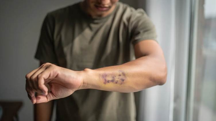 A person is examining an unexplained bruise on their forearm while standing in natural daylight, suggesting a moment of concern about potential health issues. The image may evoke thoughts about various conditions, including those related to sexually transmitted diseases and their effects on the immune system.